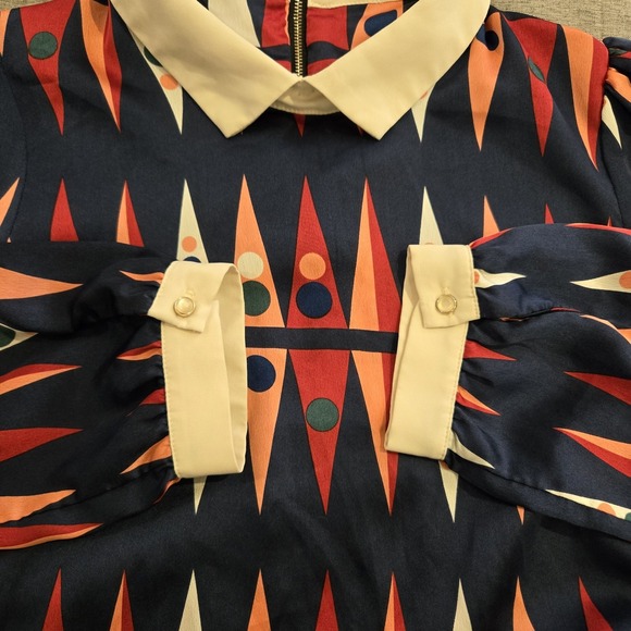 Dress Blouse Top w/ Retro Mod Design w/ Black Skirt Pearl Button Cuffs Size L - Picture 5 of 14